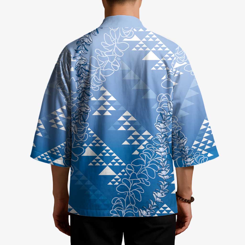 Hawaii Royal Blue Kapa Kimono Vintage 'Ohe Kāpala Motifs Mix Plumeria Leis
