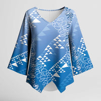 Hawaii Royal Blue Kapa Kimono Sleeve Blouse Vintage 'Ohe Kāpala Motifs Mix Plumeria Leis LT7 Female Royal Blue - Polynesian Pride
