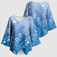 Hawaii Royal Blue Kapa Kimono Sleeve Blouse Vintage 'Ohe Kāpala Motifs Mix Plumeria Leis LT7 - Polynesian Pride