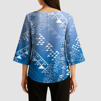 Hawaii Royal Blue Kapa Kimono Sleeve Blouse Vintage 'Ohe Kāpala Motifs Mix Plumeria Leis LT7 - Polynesian Pride