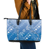 Hawaii Royal Blue Kapa Leather Tote Bag Vintage 'Ohe Kāpala Motifs Mix Plumeria Leis LT7 - Polynesian Pride