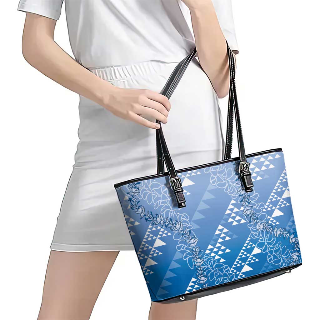 Hawaii Royal Blue Kapa Leather Tote Bag Vintage 'Ohe Kāpala Motifs Mix Plumeria Leis LT7 - Polynesian Pride