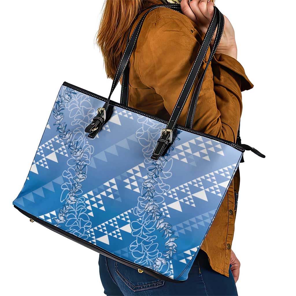 Hawaii Royal Blue Kapa Leather Tote Bag Vintage 'Ohe Kāpala Motifs Mix Plumeria Leis LT7 - Polynesian Pride