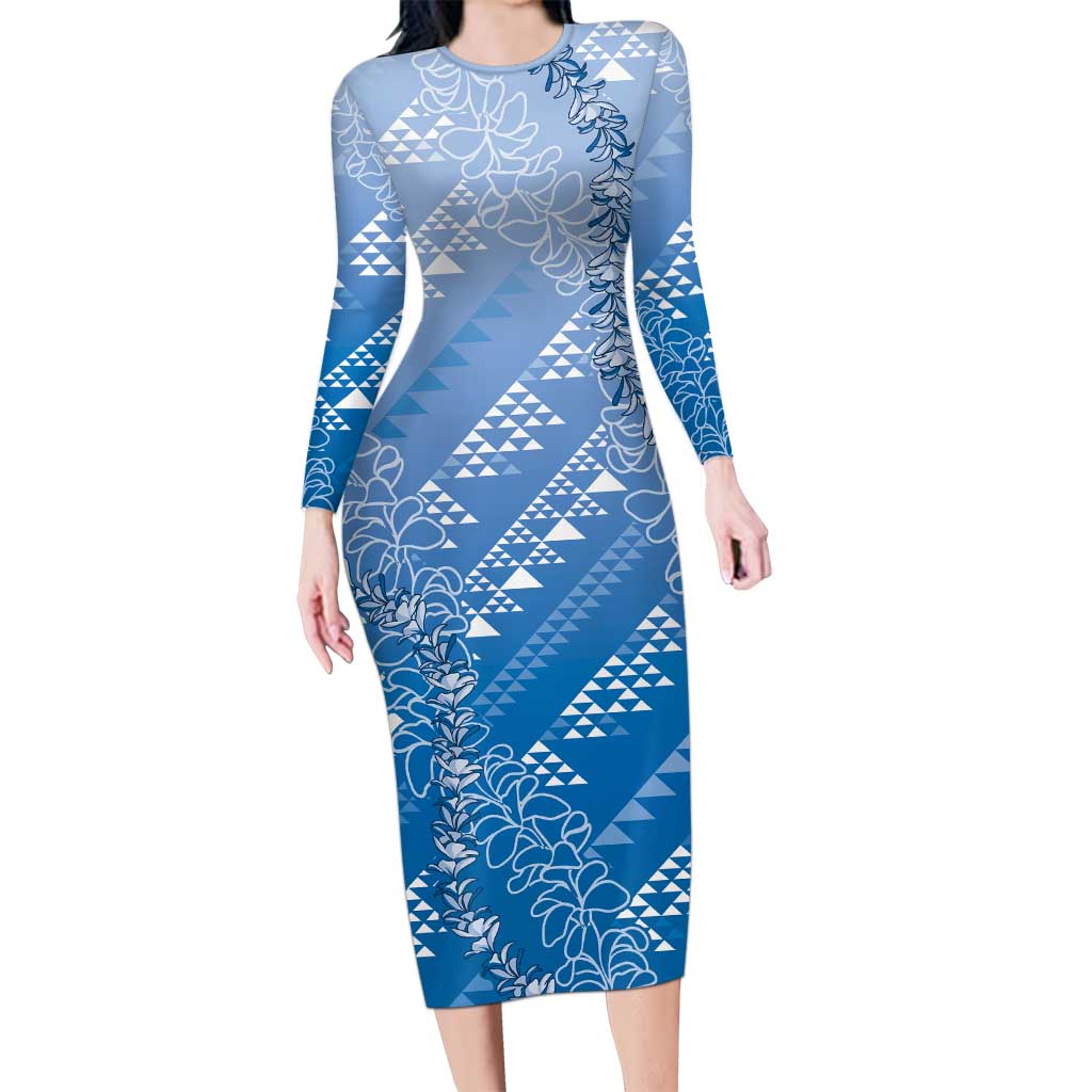 Hawaii Royal Blue Kapa Long Sleeve Bodycon Dress Vintage 'Ohe Kāpala Motifs Mix Plumeria Leis LT7 Long Dress Royal Blue - Polynesian Pride