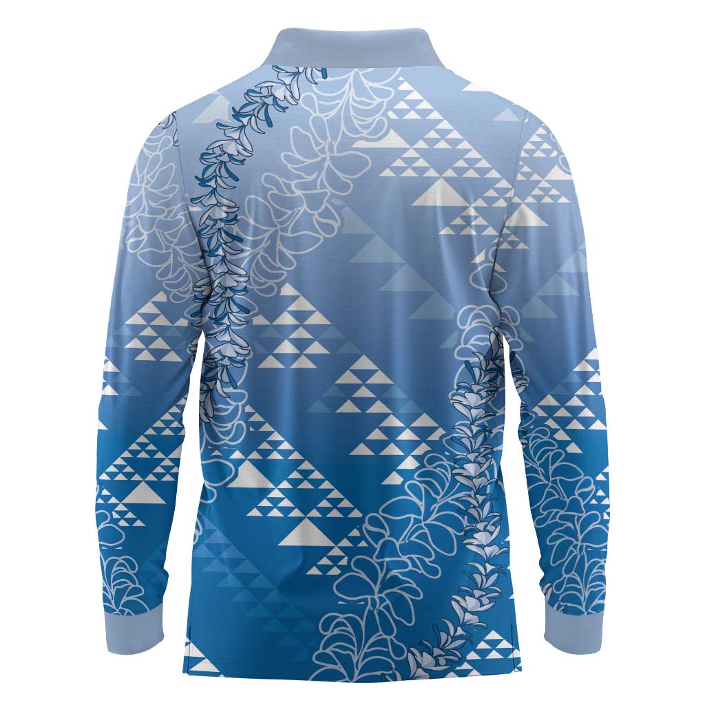 Hawaii Royal Blue Kapa Long Sleeve Polo Shirt Vintage 'Ohe Kāpala Motifs Mix Plumeria Leis LT7 - Polynesian Pride