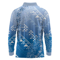 Hawaii Royal Blue Kapa Long Sleeve Polo Shirt Vintage 'Ohe Kāpala Motifs Mix Plumeria Leis LT7 - Polynesian Pride