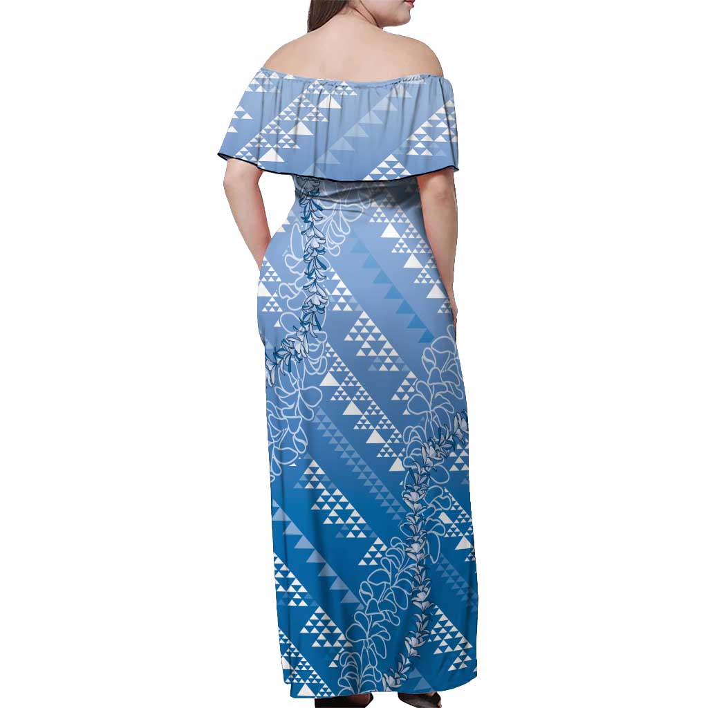 Hawaii Royal Blue Kapa Off Shoulder Maxi Dress Vintage 'Ohe Kāpala Motifs Mix Plumeria Leis LT7 - Polynesian Pride