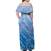 Hawaii Royal Blue Kapa Off Shoulder Maxi Dress Vintage 'Ohe Kāpala Motifs Mix Plumeria Leis LT7 - Polynesian Pride