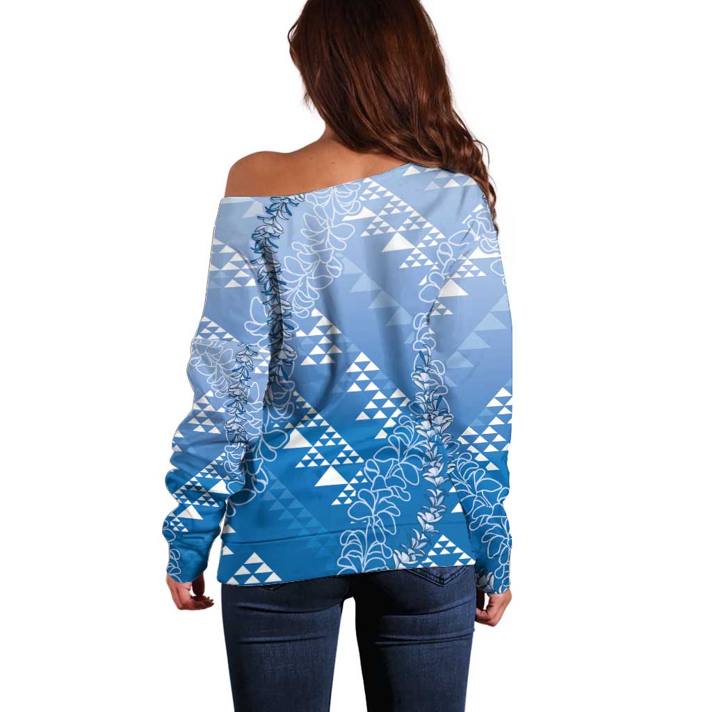 Hawaii Royal Blue Kapa Off Shoulder Sweater Vintage 'Ohe Kāpala Motifs Mix Plumeria Leis LT7 - Polynesian Pride
