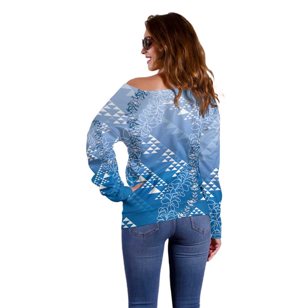 Hawaii Royal Blue Kapa Off Shoulder Sweater Vintage 'Ohe Kāpala Motifs Mix Plumeria Leis LT7 - Polynesian Pride