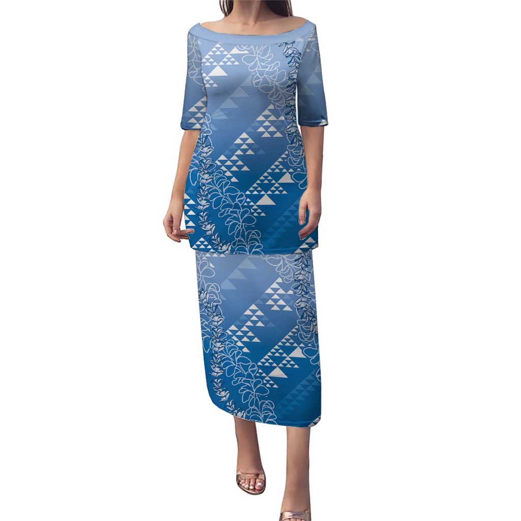 Hawaii Royal Blue Kapa Puletasi Vintage 'Ohe Kāpala Motifs Mix Plumeria Leis LT7 Long Dress Royal Blue - Polynesian Pride