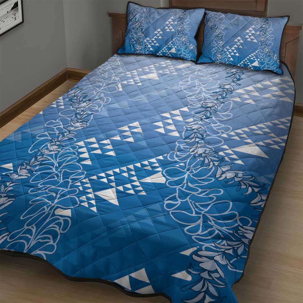 Hawaii Royal Blue Kapa Quilt Bed Set Vintage 'Ohe Kāpala Motifs Mix Plumeria Leis LT7 - Polynesian Pride