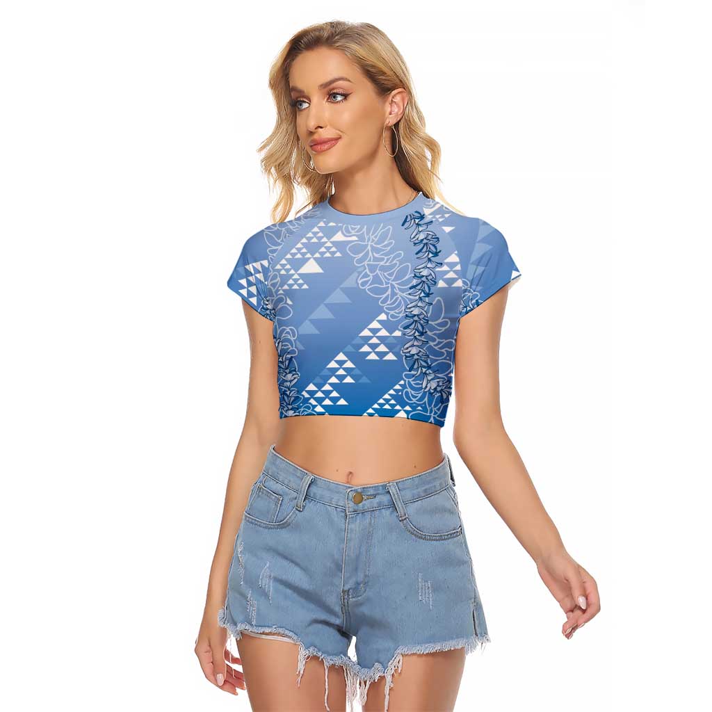 Hawaii Royal Blue Kapa Raglan Cropped T Shirt Vintage 'Ohe Kāpala Motifs Mix Plumeria Leis LT7 Female Royal Blue - Polynesian Pride