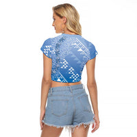 Hawaii Royal Blue Kapa Raglan Cropped T Shirt Vintage 'Ohe Kāpala Motifs Mix Plumeria Leis LT7 - Polynesian Pride