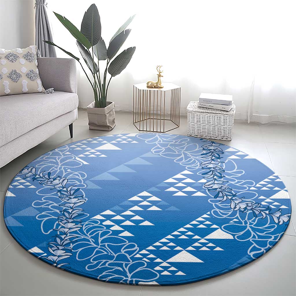 Hawaii Royal Blue Kapa Round Carpet Vintage 'Ohe Kāpala Motifs Mix Plumeria Leis
