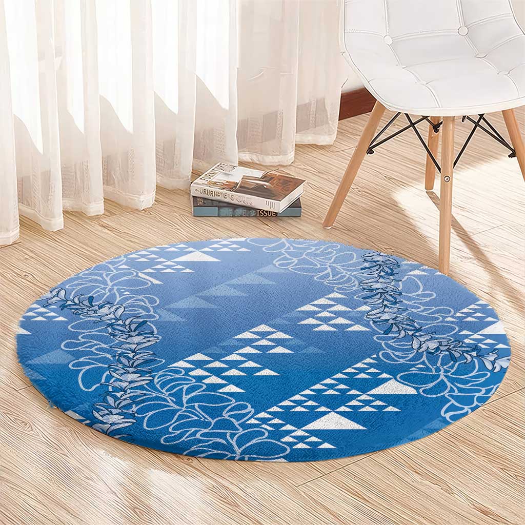 Hawaii Royal Blue Kapa Round Carpet Vintage 'Ohe Kāpala Motifs Mix Plumeria Leis