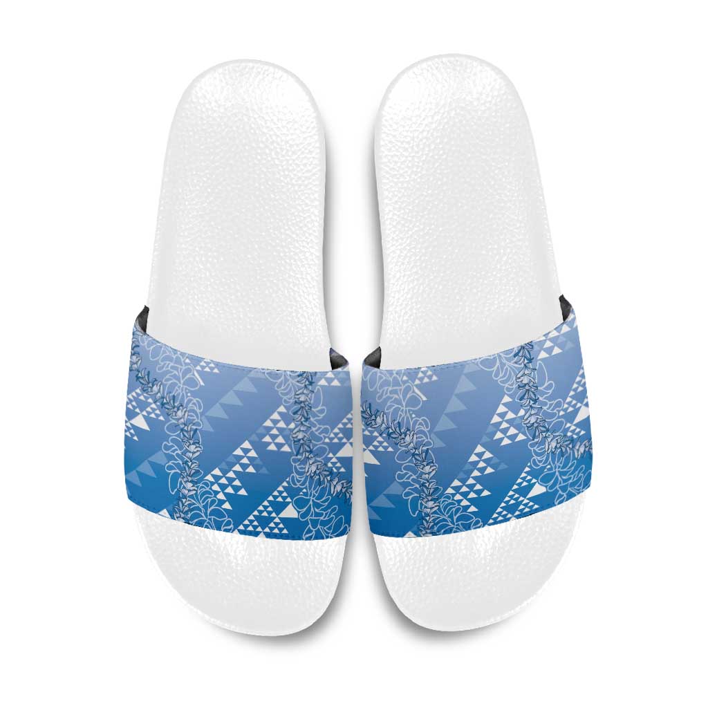 Hawaii Royal Blue Kapa Slide Sandals Vintage 'Ohe Kāpala Motifs Mix Plumeria Leis LT7 Royal Blue - Polynesian Pride