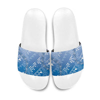 Hawaii Royal Blue Kapa Slide Sandals Vintage 'Ohe Kāpala Motifs Mix Plumeria Leis LT7 Royal Blue - Polynesian Pride