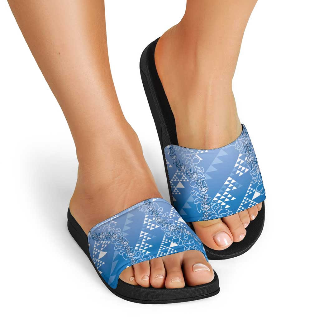 Hawaii Royal Blue Kapa Slide Sandals Vintage 'Ohe Kāpala Motifs Mix Plumeria Leis LT7 - Polynesian Pride