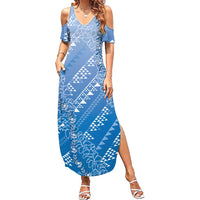 Hawaii Royal Blue Kapa Summer Maxi Dress Vintage 'Ohe Kāpala Motifs Mix Plumeria Leis LT7 Women Royal Blue - Polynesian Pride