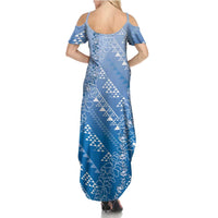 Hawaii Royal Blue Kapa Summer Maxi Dress Vintage 'Ohe Kāpala Motifs Mix Plumeria Leis LT7 - Polynesian Pride