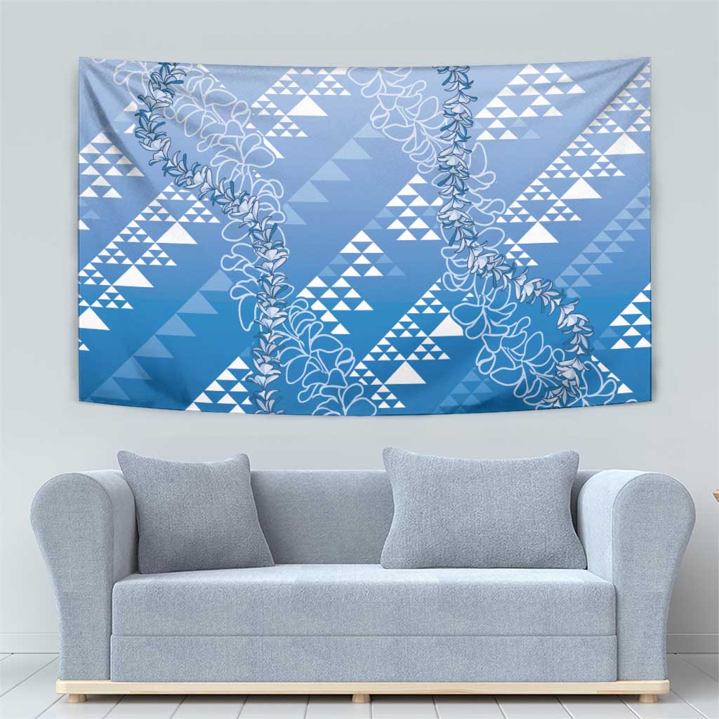 Hawaii Royal Blue Kapa Tapestry Vintage 'Ohe Kāpala Motifs Mix Plumeria Leis