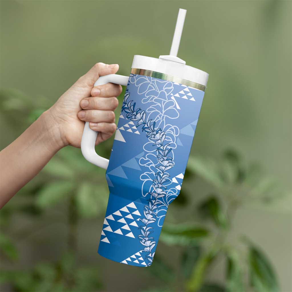 Hawaii Royal Blue Kapa Tumbler With Handle Vintage 'Ohe Kāpala Motifs Mix Plumeria Leis LT7 - Polynesian Pride