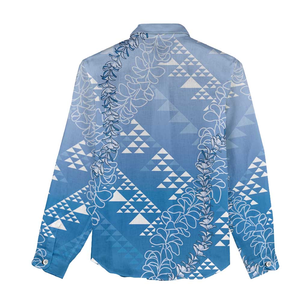 Hawaii Royal Blue Kapa Women Casual Shirt Vintage 'Ohe Kāpala Motifs Mix Plumeria Leis LT7 - Polynesian Pride
