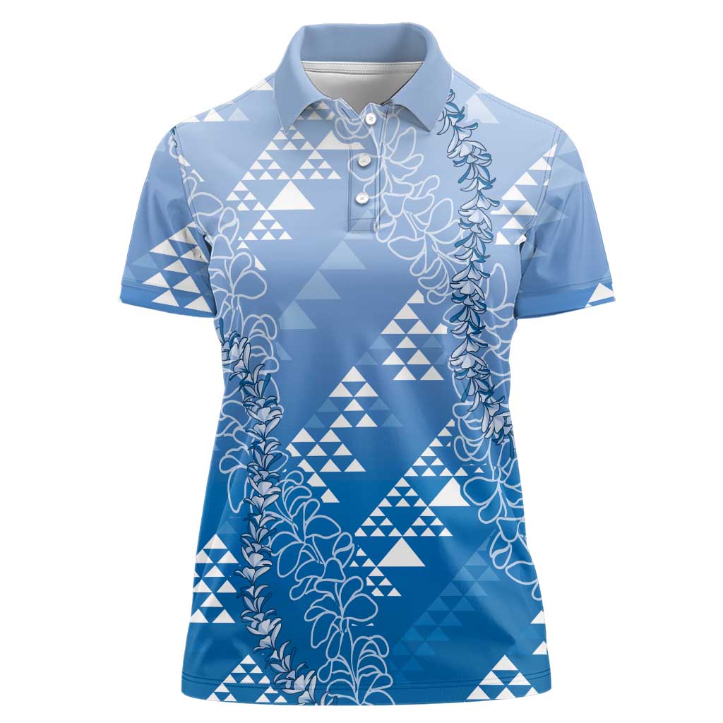 Hawaii Royal Blue Kapa Women Polo Shirt Vintage 'Ohe Kāpala Motifs Mix Plumeria Leis LT7 Female Royal Blue - Polynesian Pride