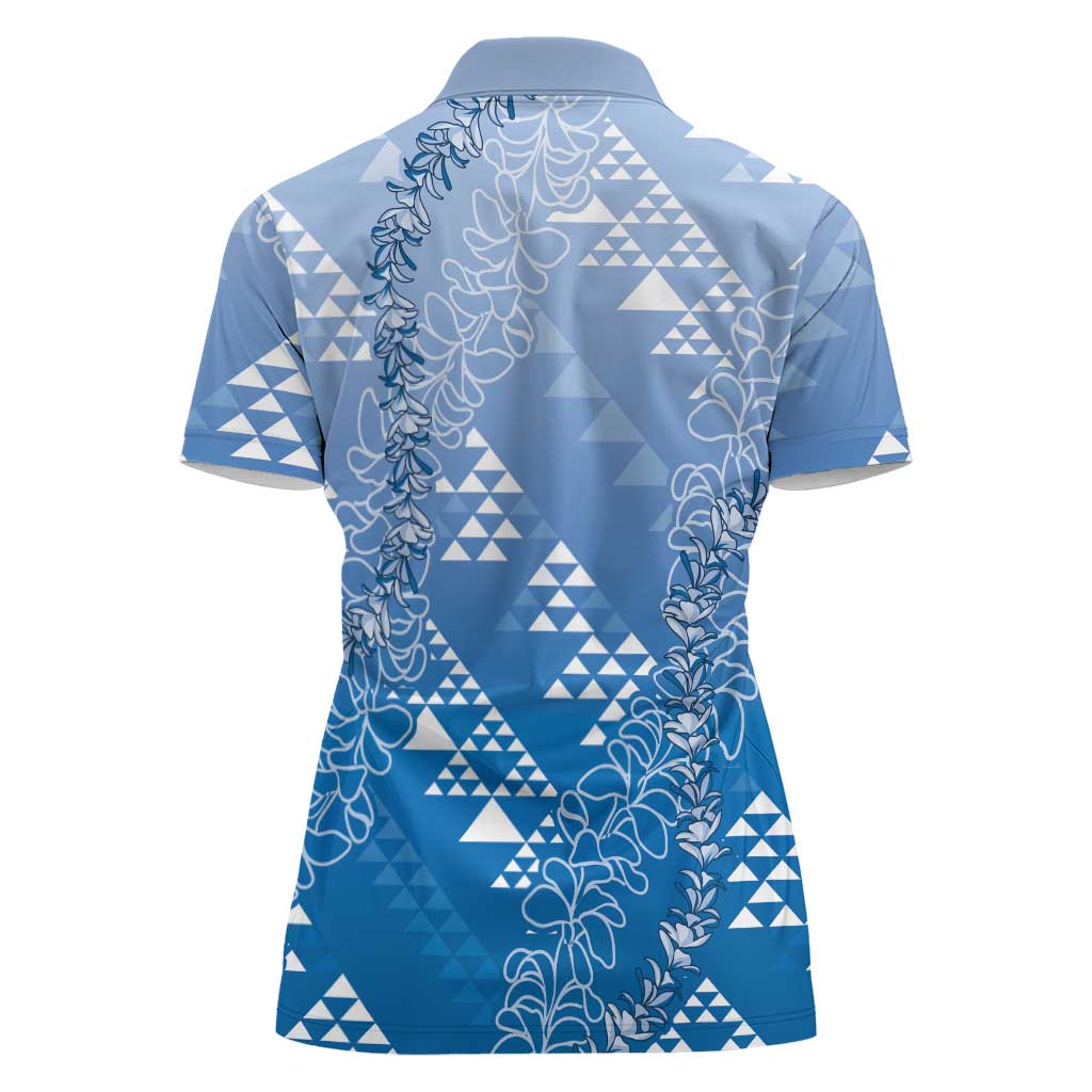 Hawaii Royal Blue Kapa Women Polo Shirt Vintage 'Ohe Kāpala Motifs Mix Plumeria Leis LT7 - Polynesian Pride