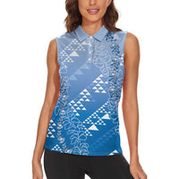 Hawaii Royal Blue Kapa Women Sleeveless Polo Shirt Vintage 'Ohe Kāpala Motifs Mix Plumeria Leis LT7 - Polynesian Pride