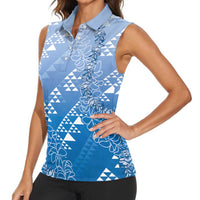 Hawaii Royal Blue Kapa Women Sleeveless Polo Shirt Vintage 'Ohe Kāpala Motifs Mix Plumeria Leis LT7 - Polynesian Pride