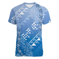 Hawaii Royal Blue Kapa Women V-Neck T-Shirt Vintage 'Ohe Kāpala Motifs Mix Plumeria Leis LT7 Female Royal Blue - Polynesian Pride