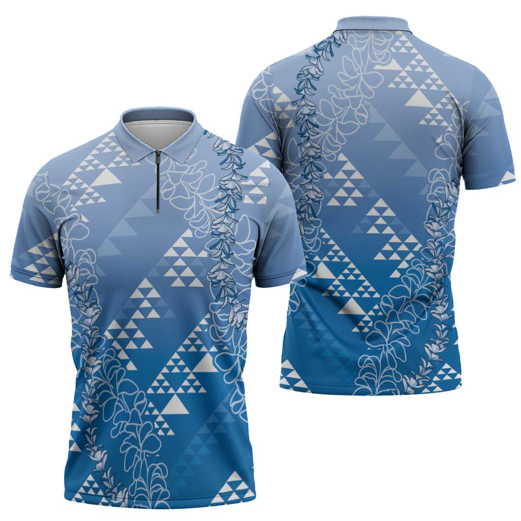 Hawaii Royal Blue Kapa Zipper Polo Shirt Vintage 'Ohe Kāpala Motifs Mix Plumeria Leis LT7 - Polynesian Pride