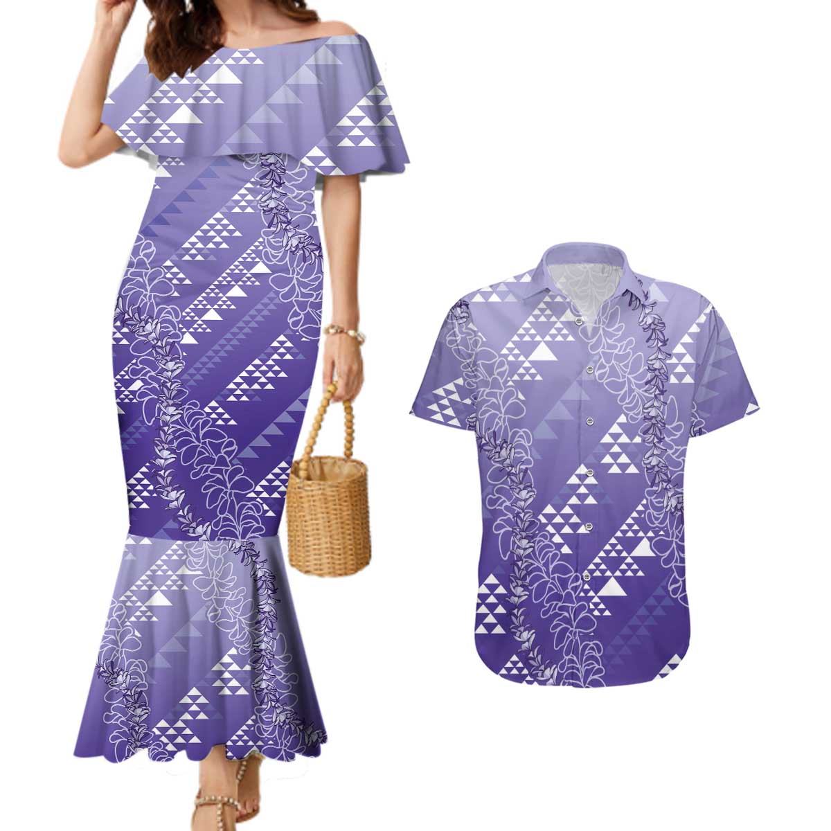 Hawaii Lavender Kapa Couples Matching Mermaid Dress and Hawaiian Shirt Vintage 'Ohe Kāpala Motifs Mix Plumeria Leis LT7 Lavender - Polynesian Pride