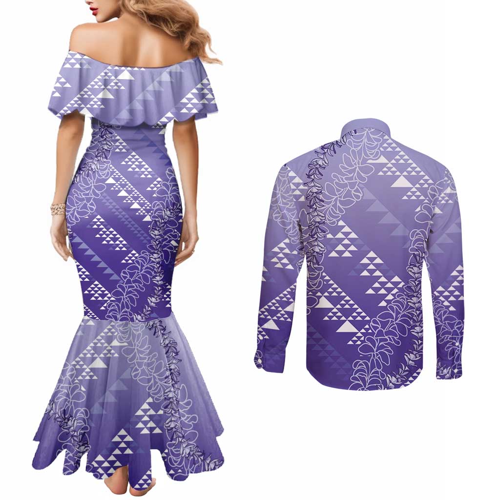 Hawaii Lavender Kapa Couples Matching Mermaid Dress and Long Sleeve Button Shirt Vintage 'Ohe Kāpala Motifs Mix Plumeria Leis LT7 - Polynesian Pride