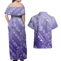Hawaii Lavender Kapa Couples Matching Off Shoulder Maxi Dress and Hawaiian Shirt Vintage 'Ohe Kāpala Motifs Mix Plumeria Leis LT7 - Polynesian Pride
