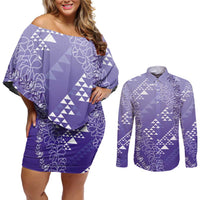 Hawaii Lavender Kapa Couples Matching Off Shoulder Short Dress and Long Sleeve Button Shirt Vintage 'Ohe Kāpala Motifs Mix Plumeria Leis LT7 Lavender - Polynesian Pride