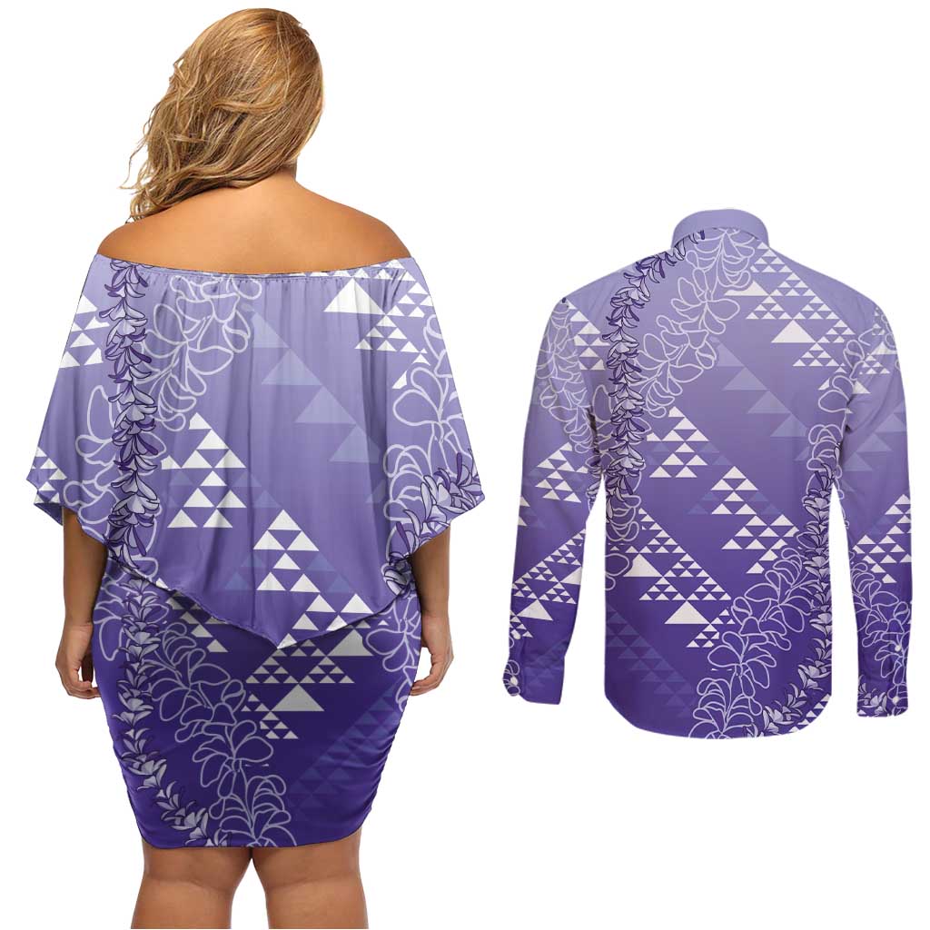 Hawaii Lavender Kapa Couples Matching Off Shoulder Short Dress and Long Sleeve Button Shirt Vintage 'Ohe Kāpala Motifs Mix Plumeria Leis LT7 - Polynesian Pride