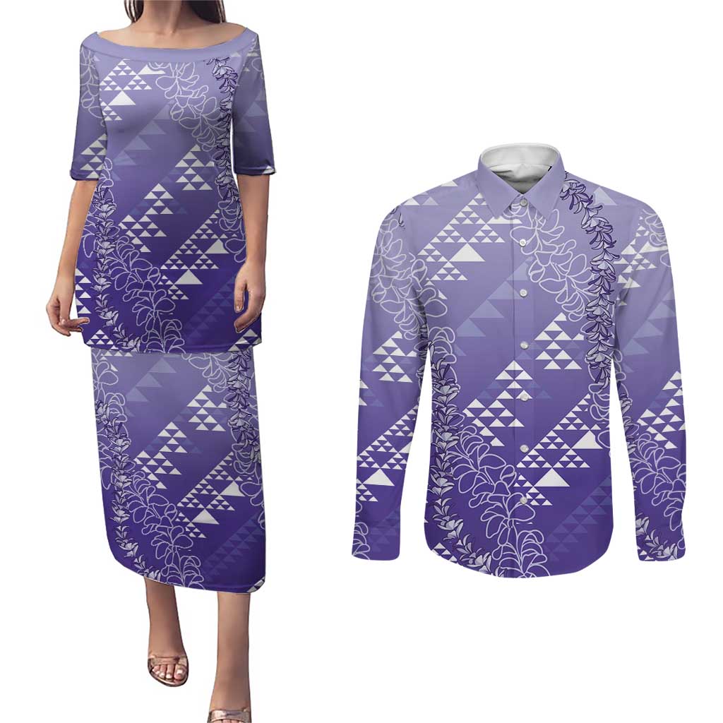 Hawaii Lavender Kapa Couples Matching Puletasi and Long Sleeve Button Shirt Vintage 'Ohe Kāpala Motifs Mix Plumeria Leis LT7 Lavender - Polynesian Pride