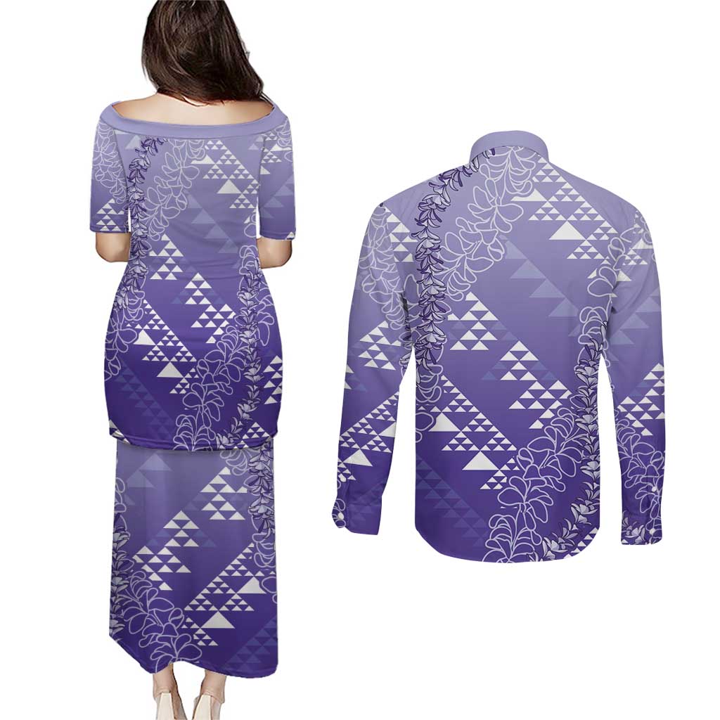 Hawaii Lavender Kapa Couples Matching Puletasi and Long Sleeve Button Shirt Vintage 'Ohe Kāpala Motifs Mix Plumeria Leis LT7 - Polynesian Pride