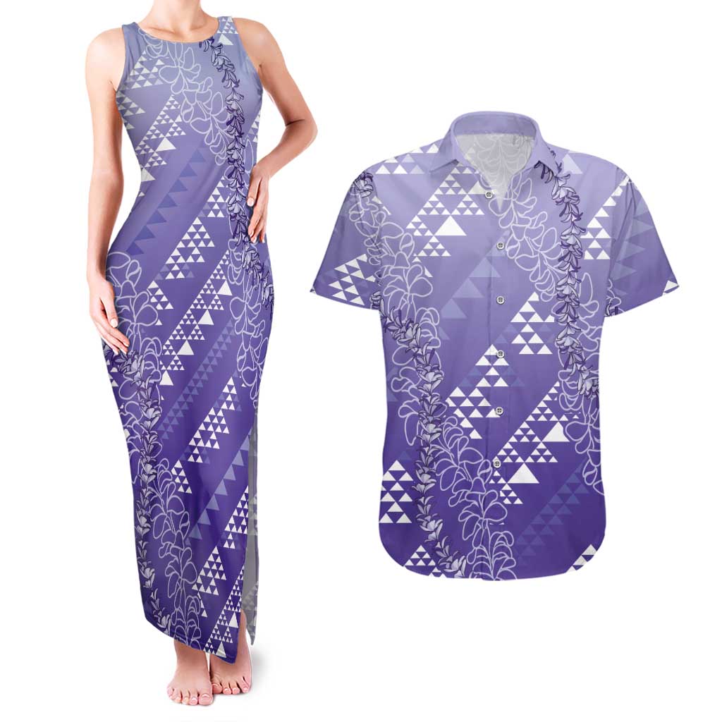 Hawaii Lavender Kapa Couples Matching Tank Maxi Dress and Hawaiian Shirt Vintage 'Ohe Kāpala Motifs Mix Plumeria Leis LT7 Lavender - Polynesian Pride