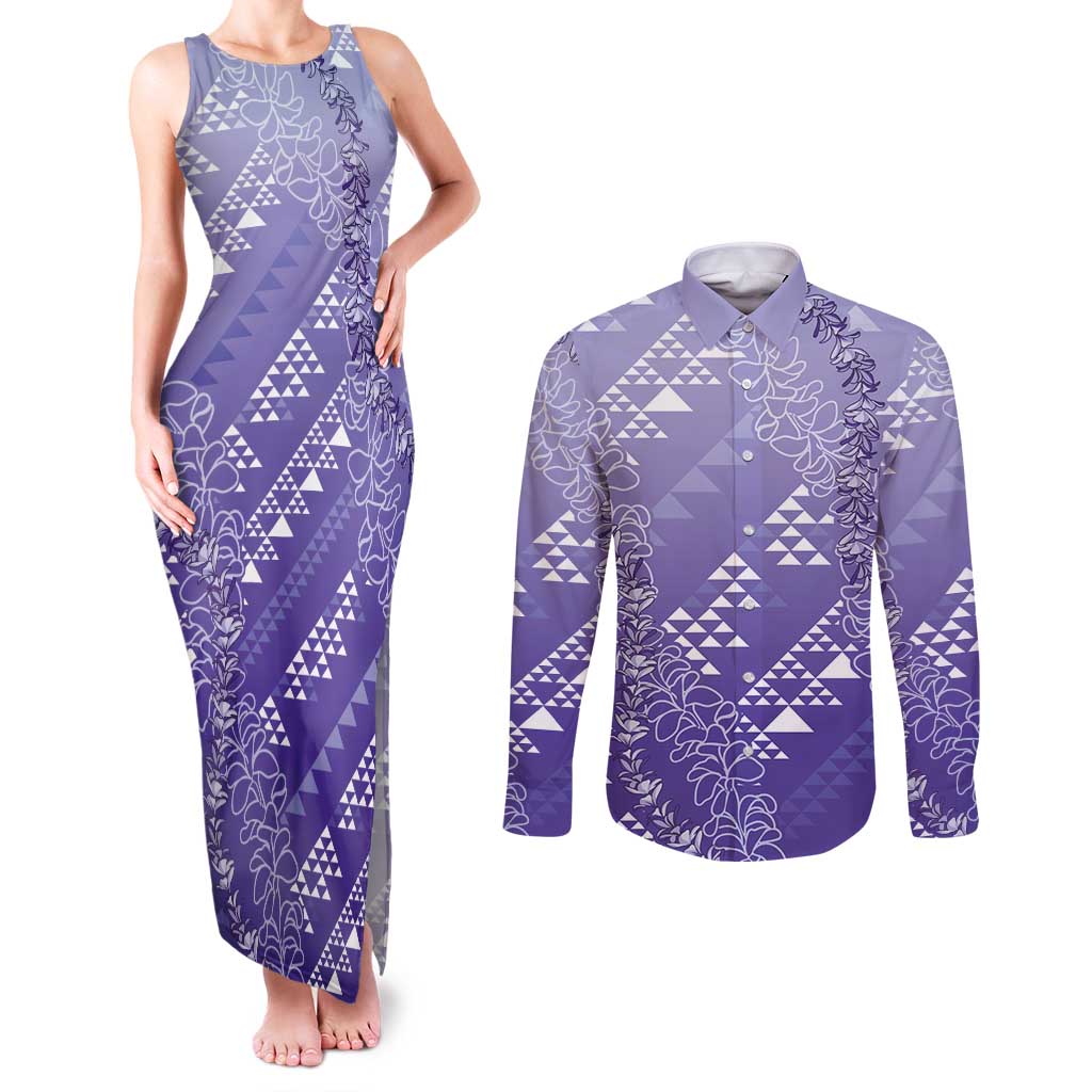 Hawaii Lavender Kapa Couples Matching Tank Maxi Dress and Long Sleeve Button Shirt Vintage 'Ohe Kāpala Motifs Mix Plumeria Leis LT7 Lavender - Polynesian Pride