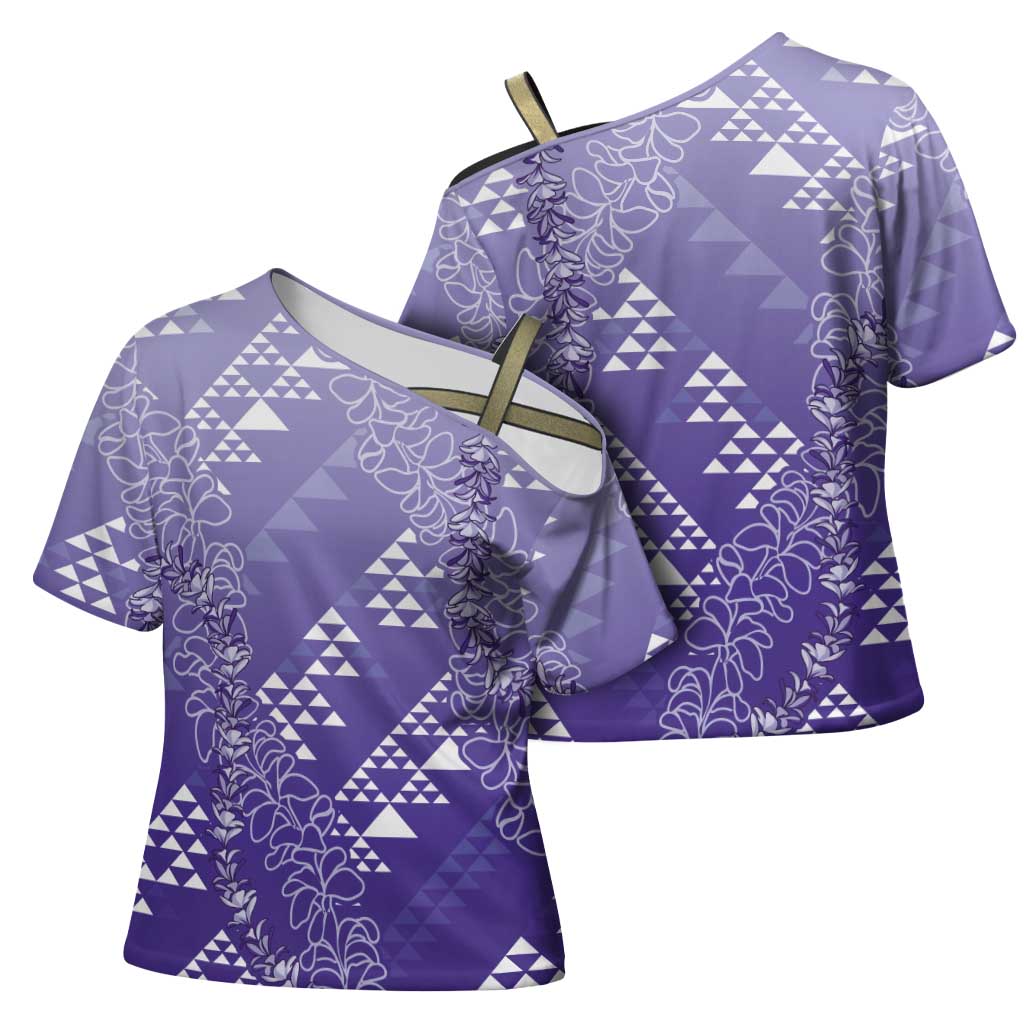 Hawaii Lavender Kapa Cross Shoulder Shirt Vintage 'Ohe Kāpala Motifs Mix Plumeria Leis LT7 - Polynesian Pride