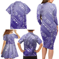 Hawaii Lavender Kapa Family Matching Long Sleeve Bodycon Dress and Hawaiian Shirt Vintage 'Ohe Kāpala Motifs Mix Plumeria Leis LT7 - Polynesian Pride