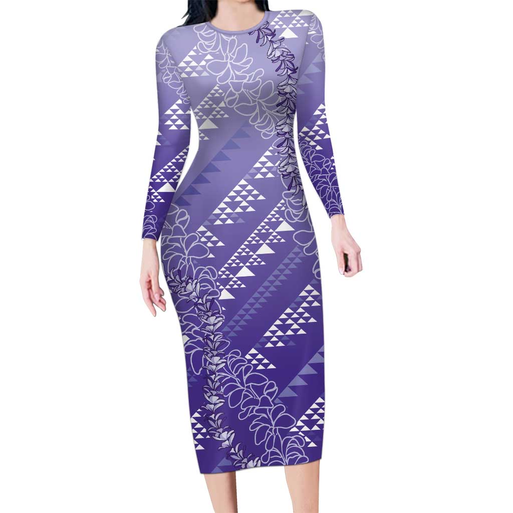 Hawaii Lavender Kapa Family Matching Long Sleeve Bodycon Dress and Hawaiian Shirt Vintage 'Ohe Kāpala Motifs Mix Plumeria Leis LT7 Mom's Dress Lavender - Polynesian Pride
