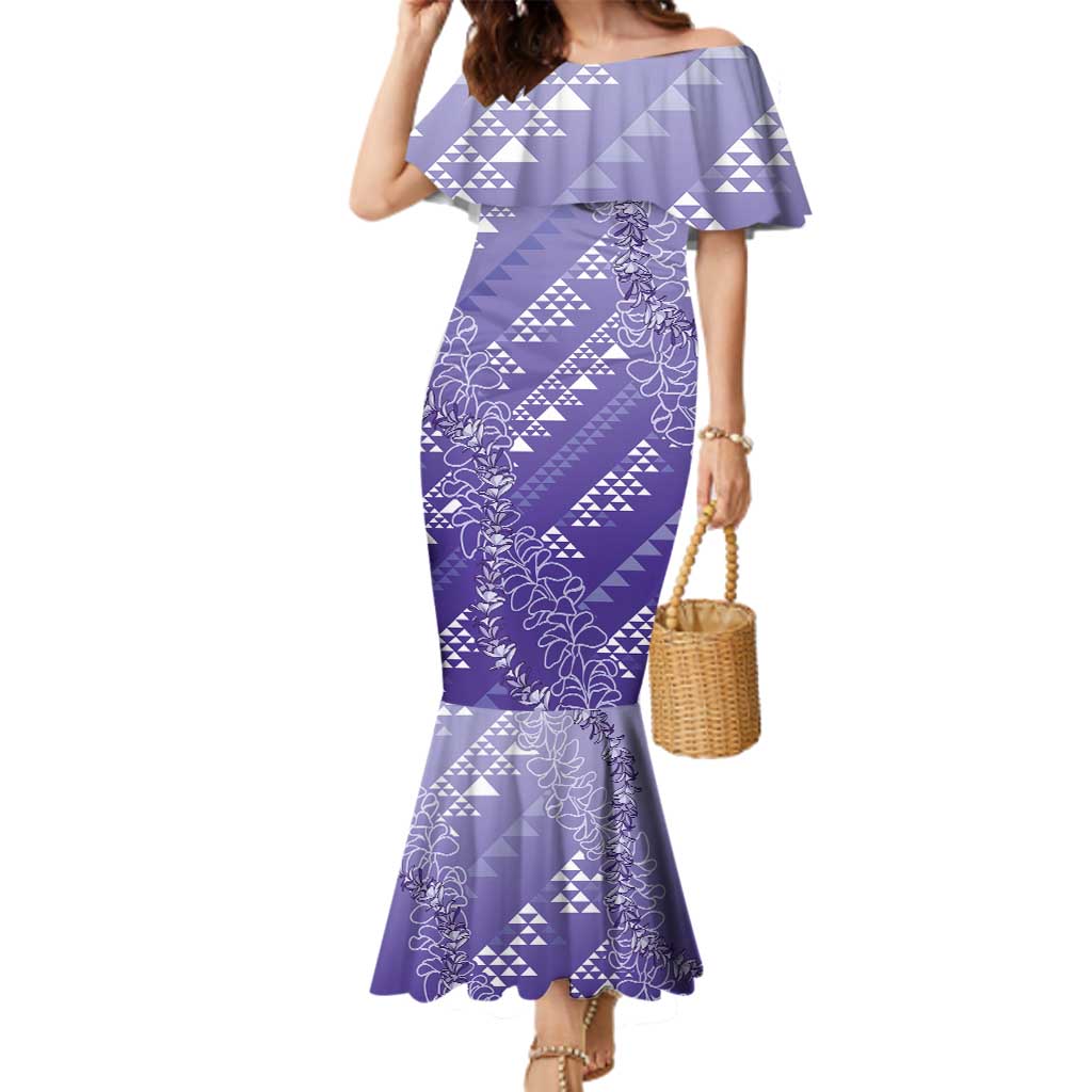 Hawaii Lavender Kapa Family Matching Mermaid Dress and Hawaiian Shirt Vintage 'Ohe Kāpala Motifs Mix Plumeria Leis LT7 Mom's Dress Lavender - Polynesian Pride