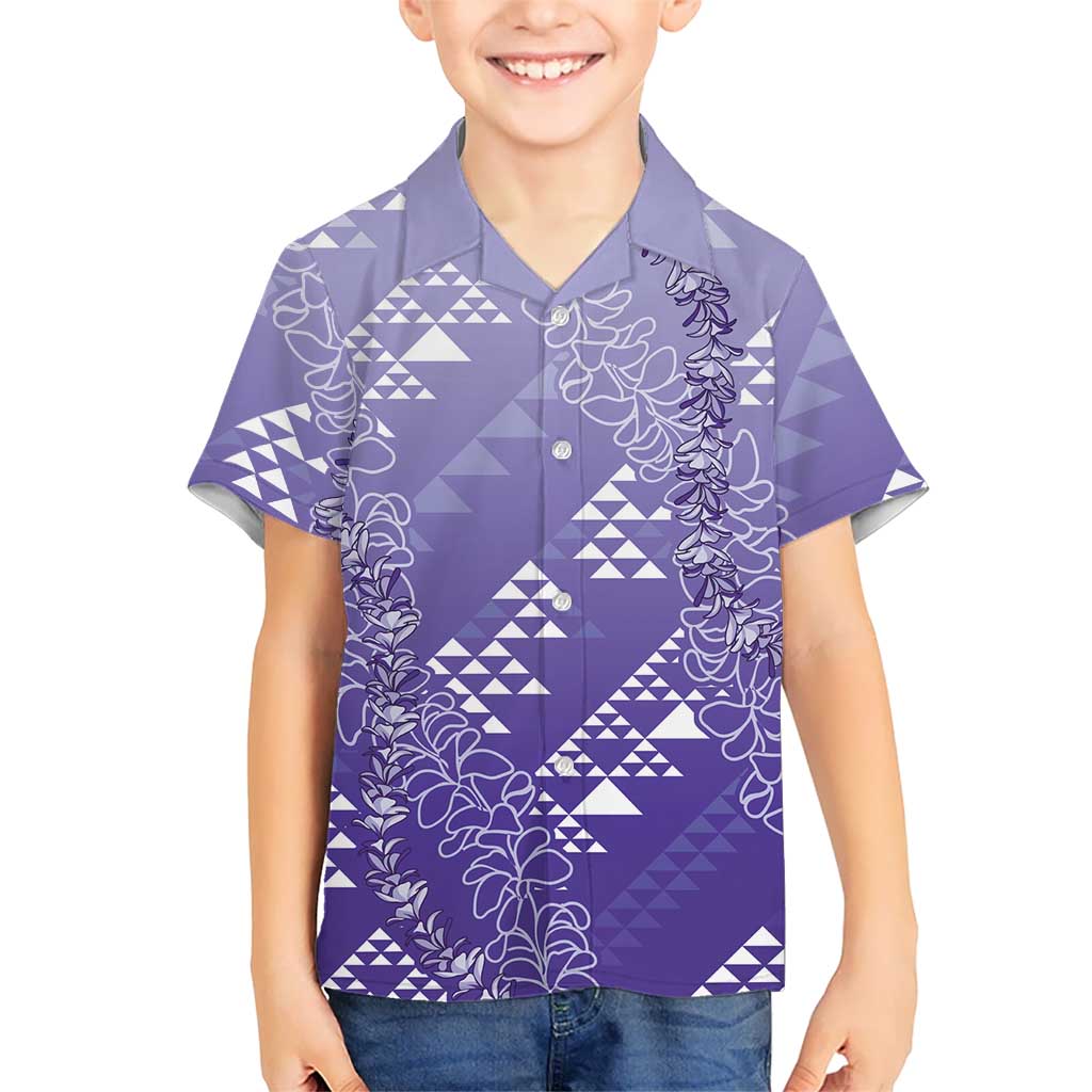 Hawaii Lavender Kapa Family Matching Off The Shoulder Long Sleeve Dress and Hawaiian Shirt Vintage 'Ohe Kāpala Motifs Mix Plumeria Leis LT7 Son's Shirt Lavender - Polynesian Pride
