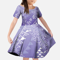 Hawaii Lavender Kapa Family Matching Off Shoulder Maxi Dress and Hawaiian Shirt Vintage 'Ohe Kāpala Motifs Mix Plumeria Leis LT7 Daughter's Dress Lavender - Polynesian Pride