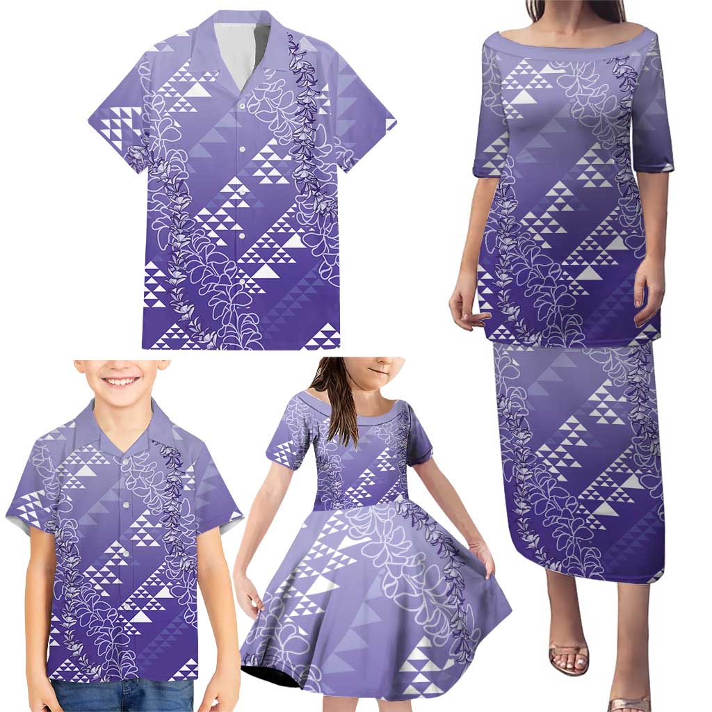 Hawaii Lavender Kapa Family Matching Puletasi and Hawaiian Shirt Vintage 'Ohe Kāpala Motifs Mix Plumeria Leis